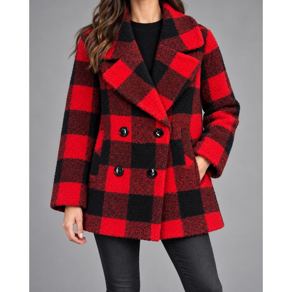 French Connection Buffalo Plaid Teddy Sherpa Peacoat Red Black Women's S